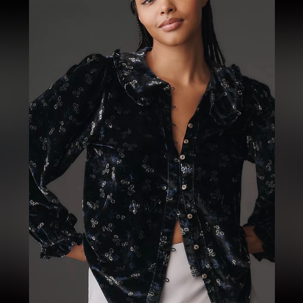 Pilcro The Keira Collared Button Down Front. Long-Sleeve Velvet Edition.